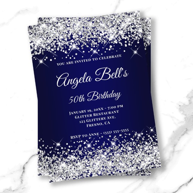 Blåblå Ombre Finare Monogram silver Inbjudningar (Silver Glitter Navy Blue Ombre Fancy Monogram Invitation)