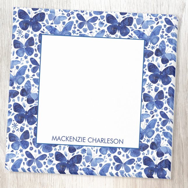 Blåblå Personlig för vattenfärg Butterfly Mönster Post-it Block (Watercolor blue and white butterfly pattern personalized post it note)