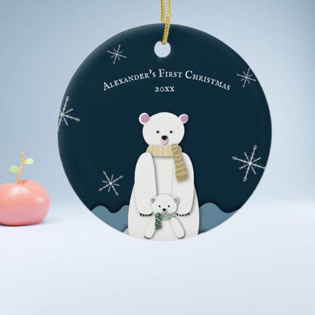 Blåblå Polarna Bear Mamma med Baby första jul Julgransprydnad Keramik (Mom Bear and Cub Polar Bear First Christmas Ornament Keepsake by Kinda Cute by Patricia Alvarez)