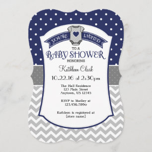 Blåblå polka Dot Chevron Baby Shower Inbjudan