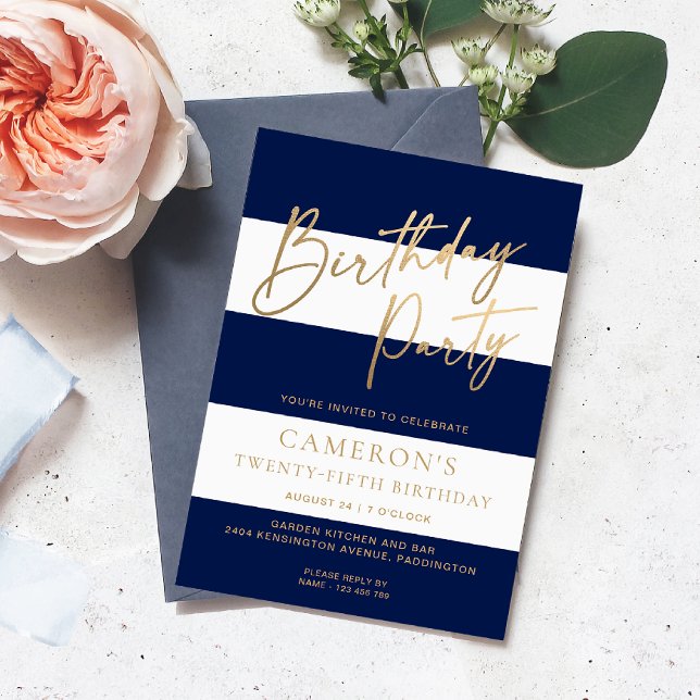 Blåblå Rand Guld-födelsedag Inbjudningar (Navy Blue Stripe Birthday Invitation )