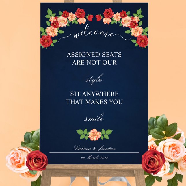 Blåblå Röd ros-sittplats var som helst i Bröllop Poster (Navy Blue Red Rose Sit Anywhere Wedding Seating Poster)