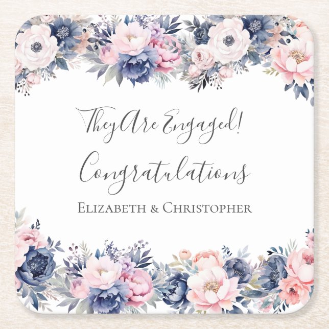 Blåblå Rosa Blommigt Botanisk Förlovningsfest Underlägg Papper Kvadrat (Framsidan)