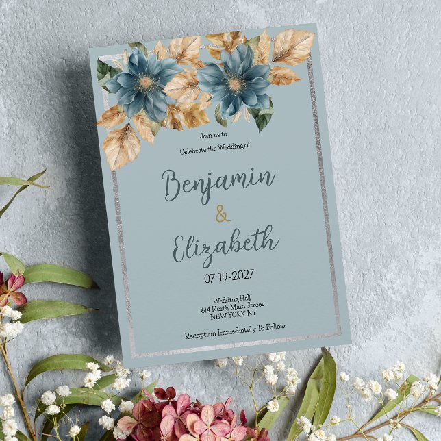 Blåblå silver blommigt Bröllop Inbjudningar (Botanic mauve blue brown silver floral Wedding )