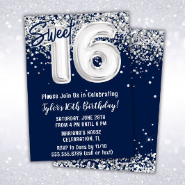 Blåblå Silver Sweet 16:e Födelsedagsfesten Inbjudningar