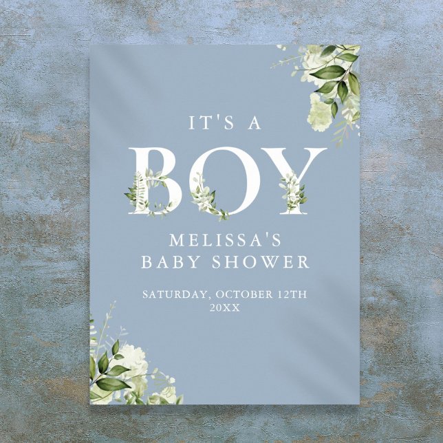 Blåblå skylt från en pojke, babyskylare (Blue Its A Boy Greenery Baby Shower Sign)