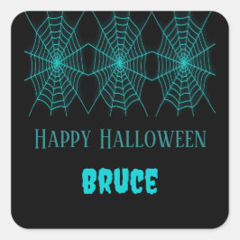 Blåblå spindelnät i happy halloween fyrkantigt klistermärke