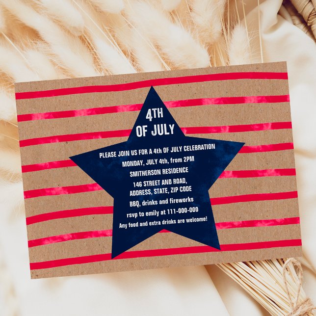 Blåblå vattenfärgsstjärna rand 4 juli kraftkraft inbjudningar (Red blue watercolor star stripes 4th July kraft Invitation)