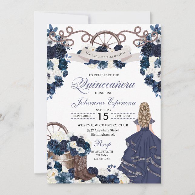 Blåblå Westerna Ranchero Quinceanera Inbjudningar (Framsida)