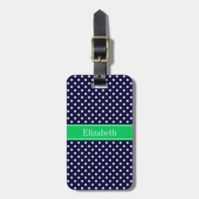 Blåblå wt Polka Dot Emerald Grönt Namn Monogram Bagagebricka (Vertikal Framsida)