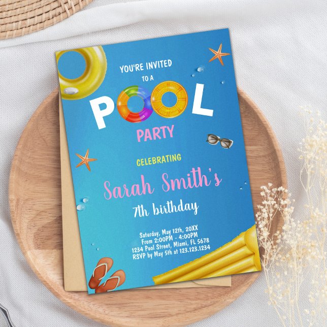 Blåblåa Bassäng-födelsedagsinbjudningar för gult Inbjudningar (Yellow Blue Pool Birthday Invitations)