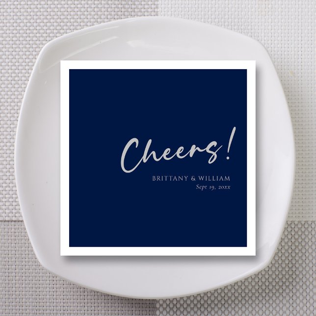 Blåblåa Bröllop Napkins med Silver Cheers Pappersservett (Personalized Navy Blue Wedding Napkins with Silver Cheers )