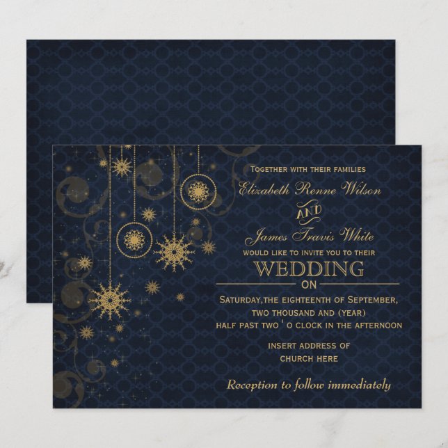Blåblåa inbjudningar till Winter-bröllopet i guld  (Fram/baksida)