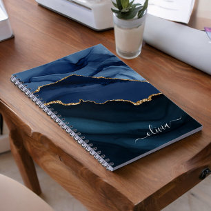 Blåblåagate Geode Guld Monogram Anteckningsbok