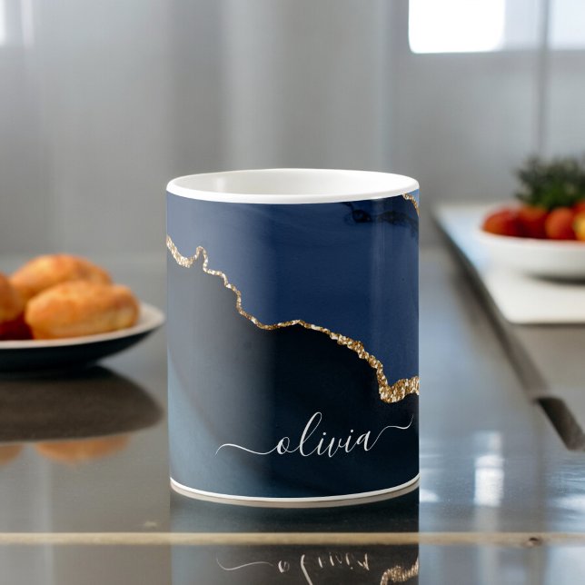 Blåblåagate Geode Guld Monogram Kaffemugg (Skapare uppladdad)