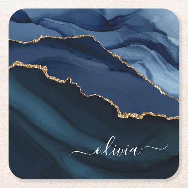 Blåblåagate Geode Guld Monogram Underlägg Papper Kvadrat (Framsidan)