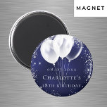 Blåbläckballonger från dagflottan i silver sparar  magnet<br><div class="desc">För en 18:e (eller någon annan ålder) födelsedag. Den blå färg är ojämn. Dekorerad med faux silver glitter,  gnistor och vita ballonger. Anpassa och lägg till ett namn. Vit brev. Kan användas som keepsaké,  partiförmån eller som Spara datumpåminnelse för dina gäster.</div>