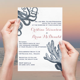 Blåbläckfisk av arten Coral Nautical Beach Wedding Inbjudningar