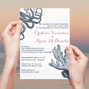 Blåbläckfisk av arten Coral Nautical Beach Wedding Inbjudningar