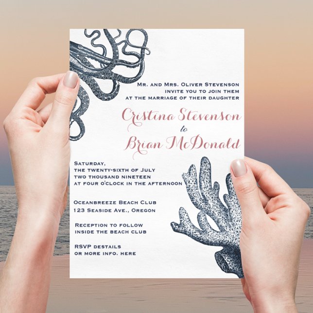 Blåbläckfisk av arten Coral Nautical Beach Wedding Inbjudningar (Skapare uppladdad)