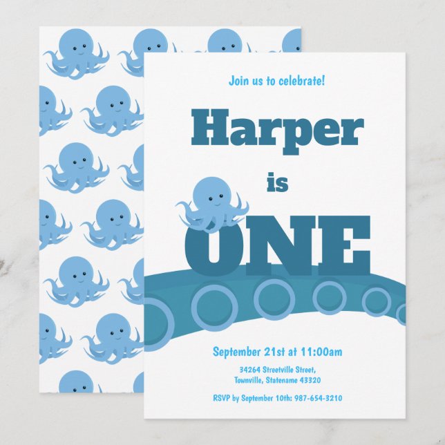 Blåbläckfisk | FÖDELSEDAGSFEST INBJUDAN (Fram/baksida)