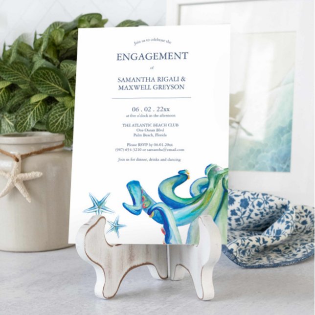 Blåbläckfisk för Nautisk Förlovningsfest Inbjudningar (Unique watercolor engagement invitations feature sea creatures art by Victoria Grigaliunas)