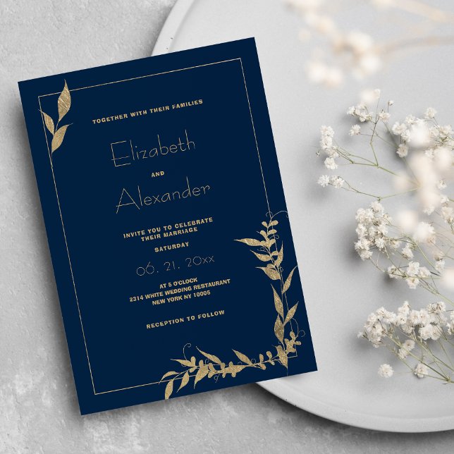 Blåbläckfisk, guld, Bröllop Inbjudningar (Luxury navy blue gold foliage Wedding )
