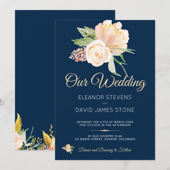 Blåbläckfisk (Peach peonies bouquet bröllop) Inbjudningar (Fram/baksida)