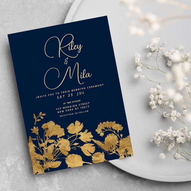 Blåbläckfiskad sjöblå guld-buskblomma Bröllop Inbjudningar (Luxury classy navy blue gold wildflower Wedding)