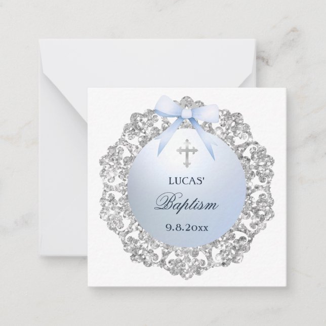 Blåbladet silver Bow Baptism Gift-hölje Anteckningskort (Framsida)