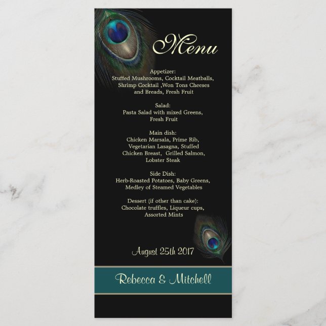 Blåblåfjädrar i grönt på svarta menu meny (Framsida)