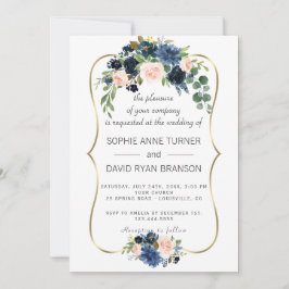 Blåblåsblommor Bloom Bröllop vid elegant Guld Inbjudningar