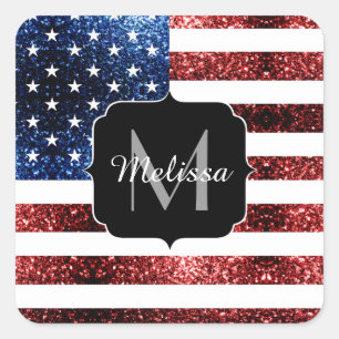 Blåblåskärmsglitter i USA flagga glitter Monogram Fyrkantigt Klistermärke