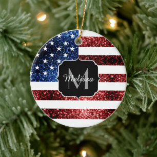 Blåblåskärmsglitter i USA flagga glitter Monogram Julgransprydnad Keramik