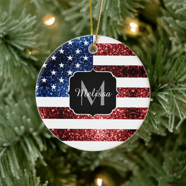 Blåblåskärmsglitter i USA flagga glitter Monogram Julgransprydnad Keramik (Träd)