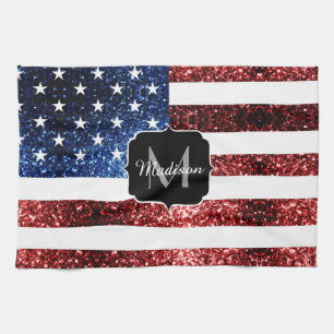 Blåblåskärmsglitter i USA flagga glitter Monogram Kökshandduk