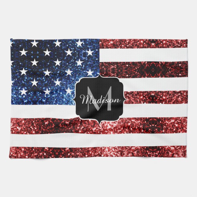 Blåblåskärmsglitter i USA flagga glitter Monogram Kökshandduk (Horisontell)
