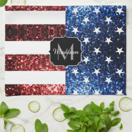Blåblåskärmsglitter i USA flagga glitter Monogram Kökshandduk