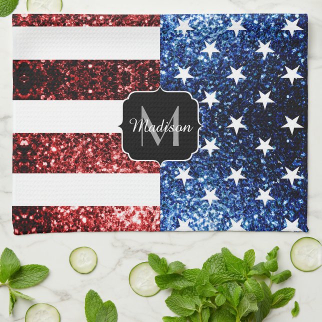 Blåblåskärmsglitter i USA flagga glitter Monogram Kökshandduk (Vikta)