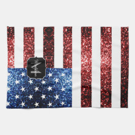 Blåblåskärmsglitter i USA flagga glitter Monogram Kökshandduk