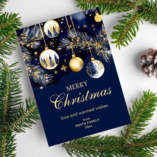Blåblåsor för guld i god jul hälsning julkort (Merry Christmas classical holiday greeting card template instant download navy blue gold baubles )