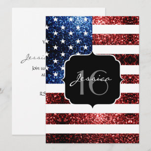 Blåblåspark i USA flagga, glitter Sweet 16 Inbjuda Inbjudningar