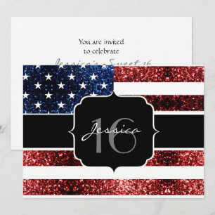 Blåblåspark i USA flagga, glitter Sweet 16 inbjuda Inbjudningar