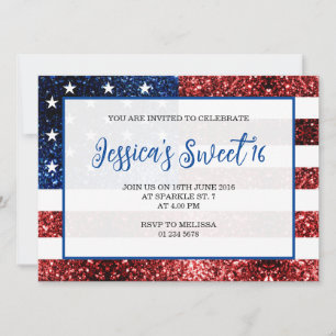 Blåblåsparkler i USA flagga Sweet 16 elegant scrip Inbjudningar