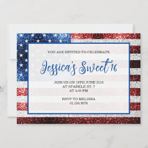 Blåblåsparkler i USA flagga Sweet 16 elegant scrip Inbjudningar