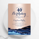 Blåblått agat i ro-Guld 40:e födelsedagen Inbjudningar<br><div class="desc">Flottblått och ro guld agerade 40-årsfestinbjudan. Elegantens moderna utformning med royal blue water agate marble geode-bakgrund,  faux glitter ro guld och typography-skript. Trendig inbjudan-kortets perfekt för en snyggt kvinnor i firande. Skrivna Zazzle-inbjudningar eller digital utskrivbar mall för omedelbar nedladdning.</div>