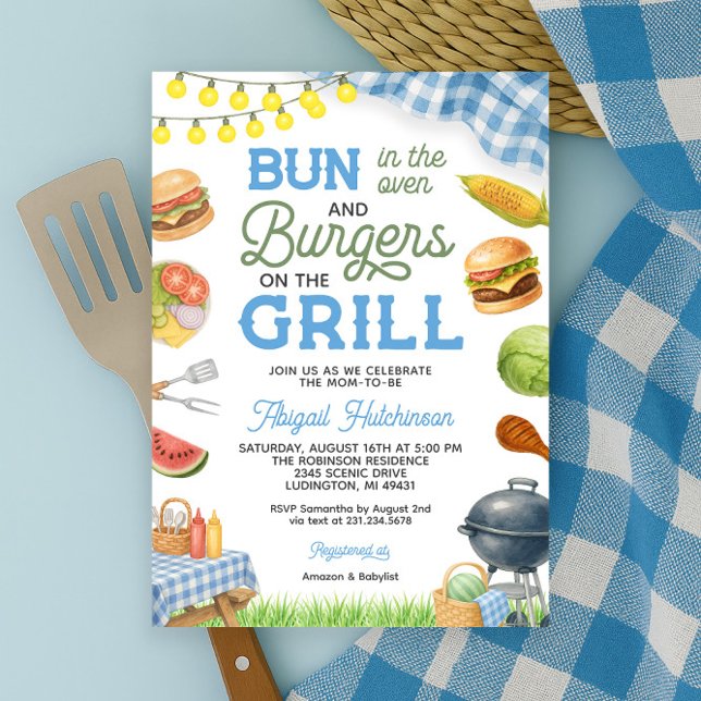 Blåblått BBB-besök - Bun i ugnen Inbjudningar (Blue BBQ Baby Shower Invitation - Bun in the Oven
)