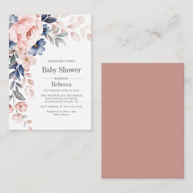 Blåblått blått Rosa-Blommigt för babyskor Anteckningskort (Fram/baksida)