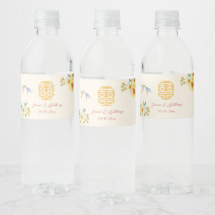 Blåblått blommigt i kinesiska bröllop vattenflaskor etikett