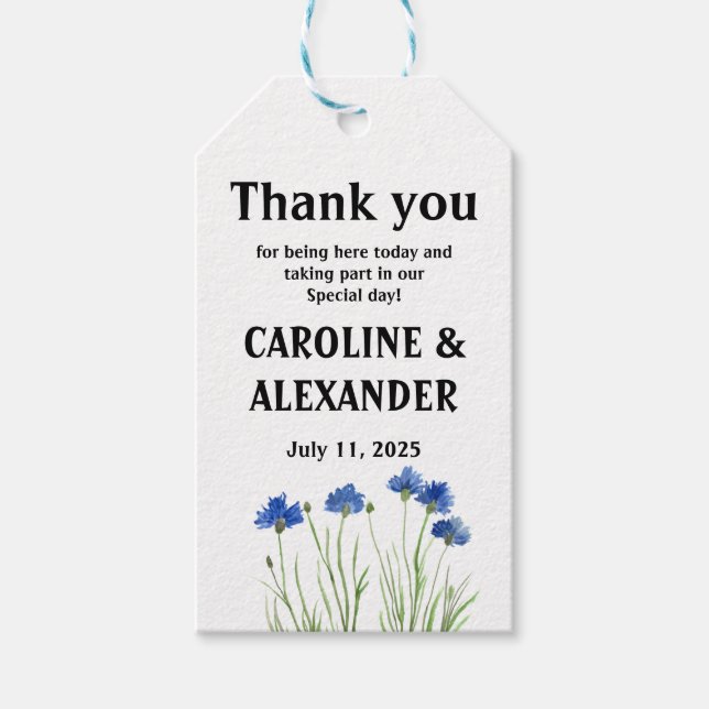 Blåblått blommigt Wildblommor Bröllop Presentetikett (Framsidan)